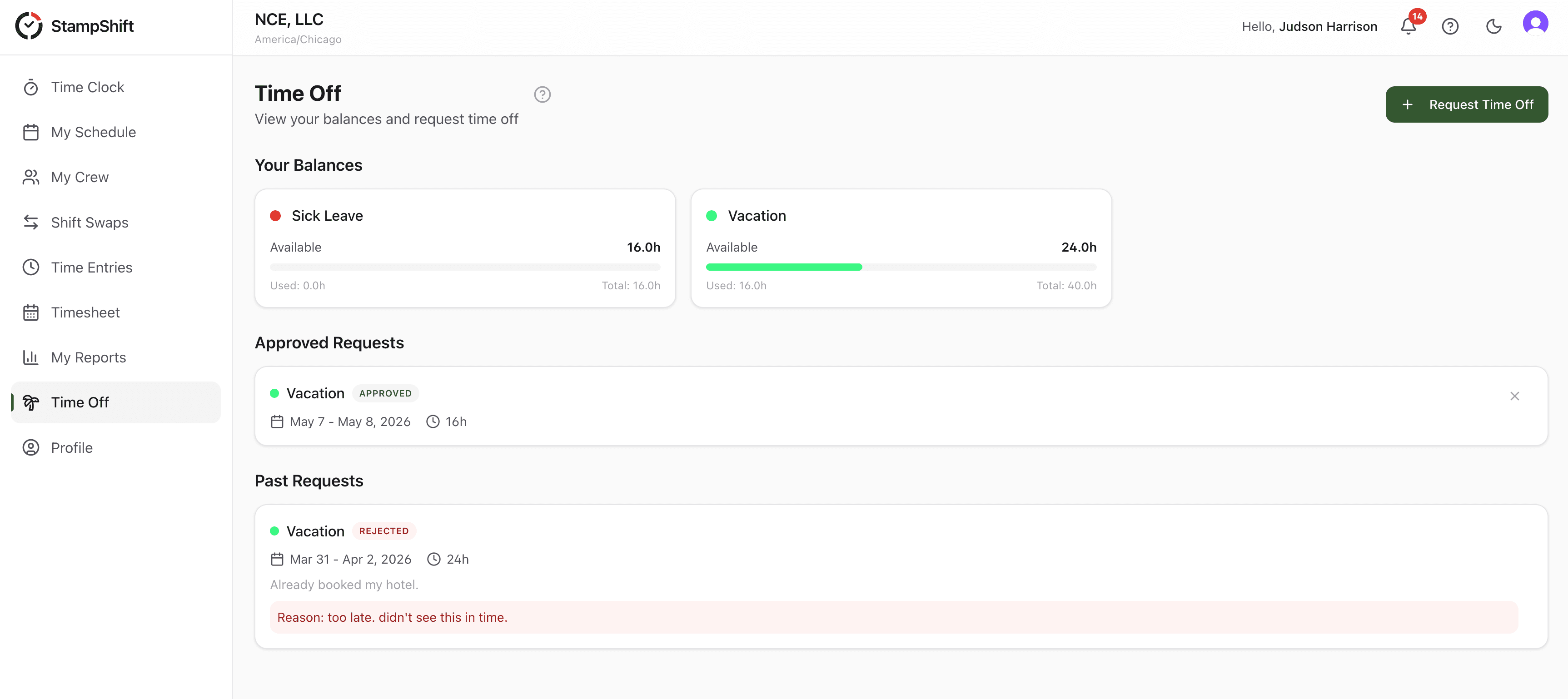 Time Off Tracking — StampShift screenshot