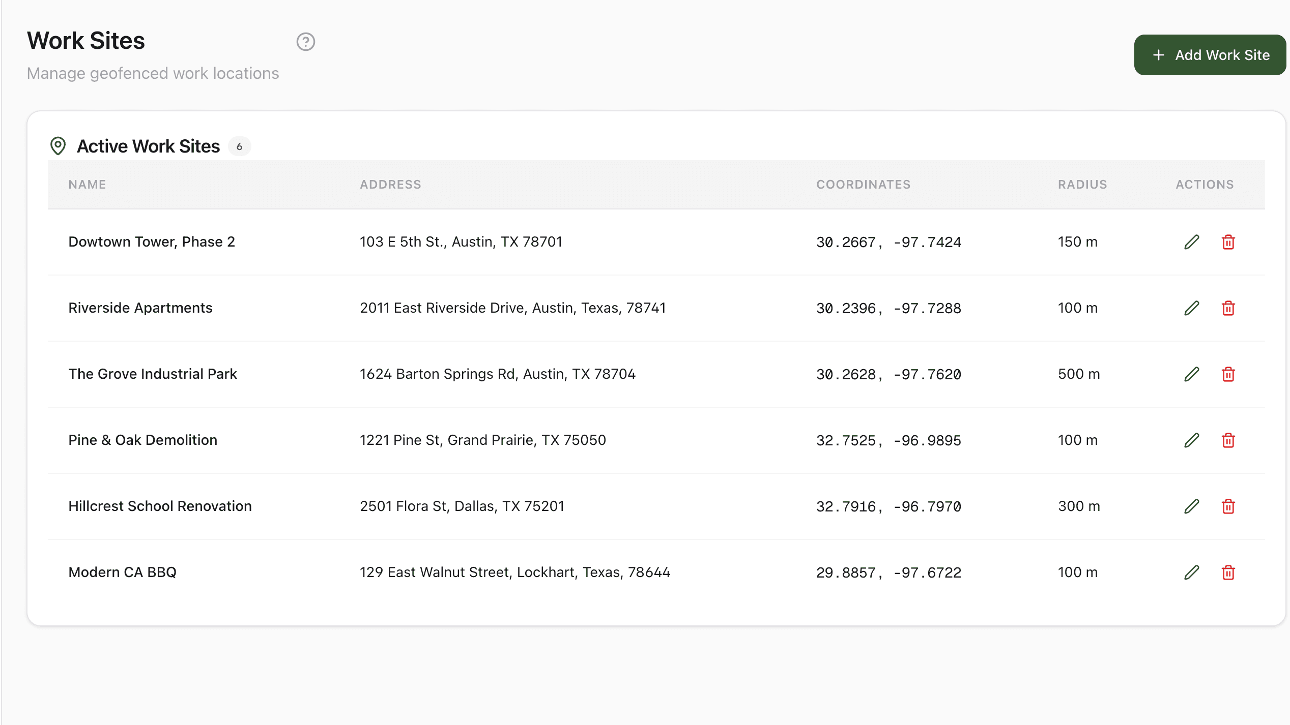 StampShift Work Sites view showing multiple geofenced construction job sites with their addresses and radii