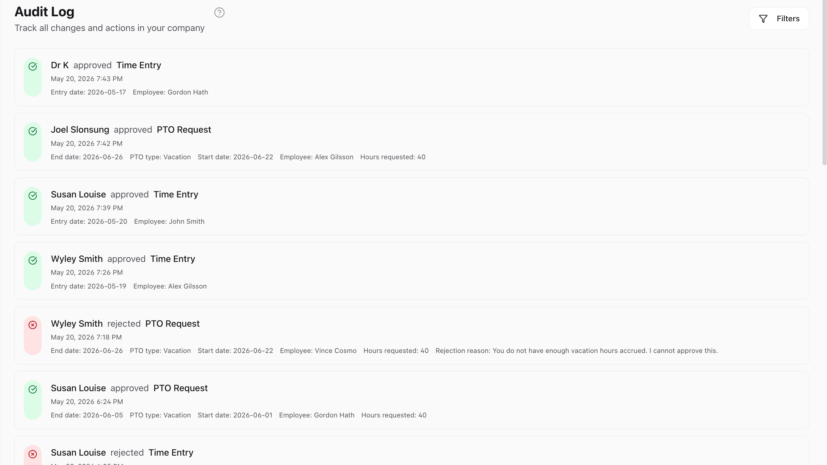 StampShift Audit Log showing tracked approvals, edits, and rejections for compliance review
