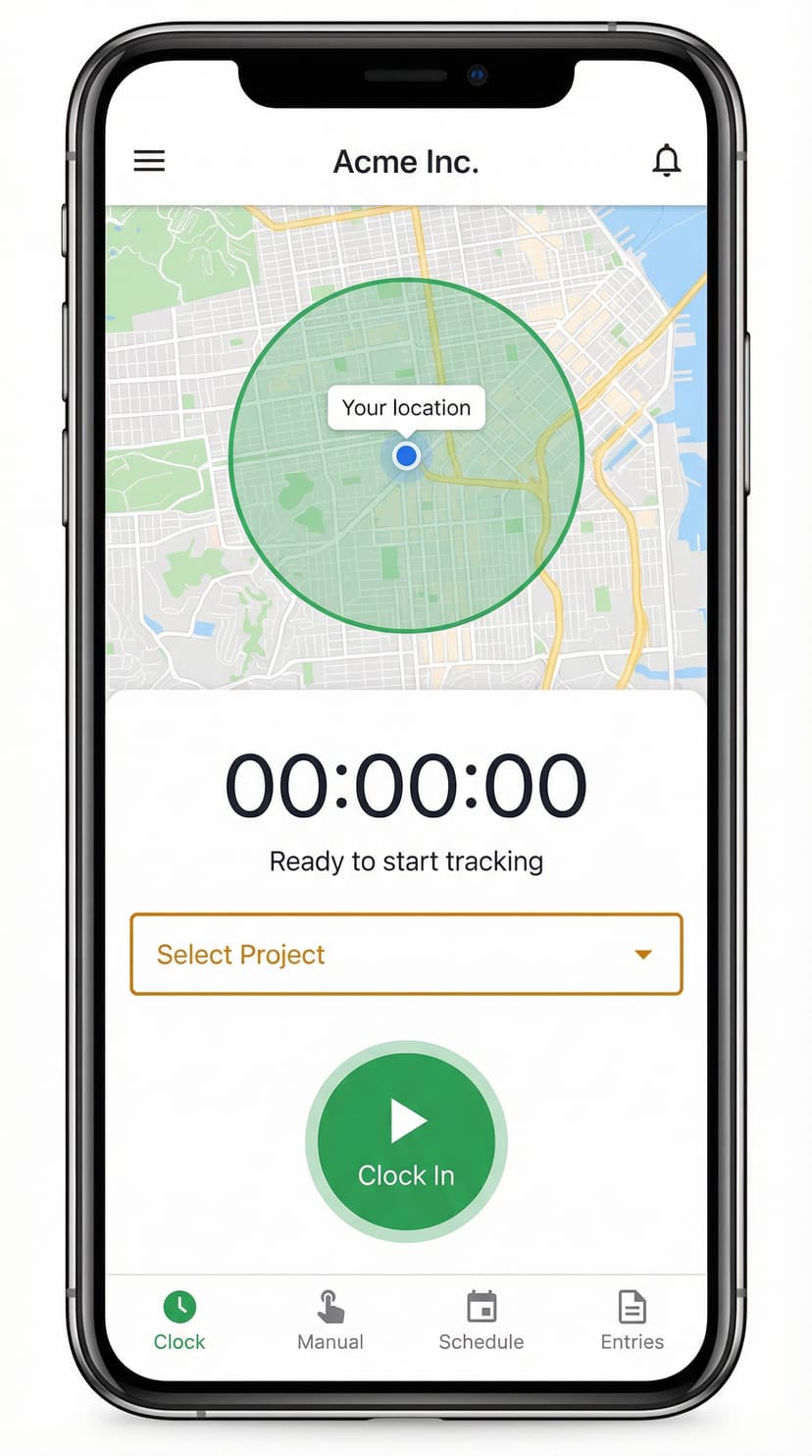 StampShift mobile interface showing GPS map with geofence and clock-in button